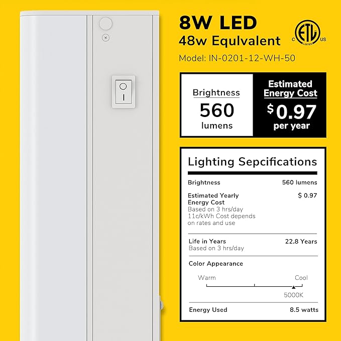 Inlight 18-inch Hardwired Only LED Under Cabinet Lighting, Daylight White(5000k), Dimmable, Matte White Finished, ETL Listed, IN-0201-12-WH-50