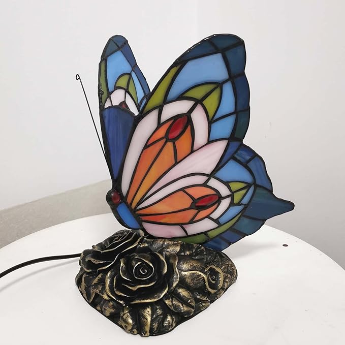 Bieye L10040 Butterfly Tiffany Style Stained Glass Accent Table Lamp, Night Light (Multi-Colored C)