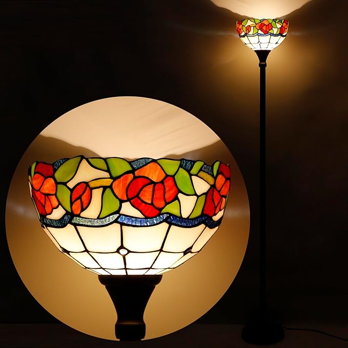 Tiffany Torchiere Floor Lamp Stained Glass Rose Flower Style Standing Corner Torch Uplight 12X12X72 Inch for Bedroom Living Room Home Office