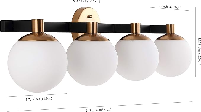JONATHAN Y 5.75" Brass Gold/Black Modern Globe LED Vanity Wall Sconce Light, White Frosted Glass Shade, Mid-Century Art Deco Wall Lamp for Bathroom, Kitchen, Hallway (JYL3543A)
