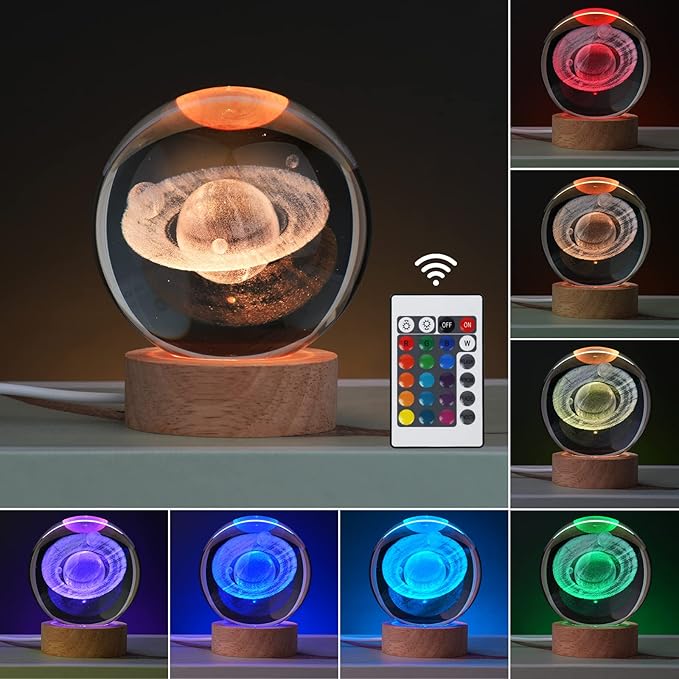 Large 3D Crystal Ball Saturn Lamp, Crystal Lamp 16 Color Changing Night Light with Remote Control for Bedroom Decor, Ideal Birthday Gift for Teens Boys and Girls, Saturn Model