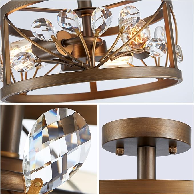 WUZUPS Crystal Leaf Chandelier 3-Light Vintage Farmhouse Industrial Semi-Flush Mount Ceiling Light Modern Lighting Fixture Foyer Hallway Storage Room Kitchen Bathroom, H 8.5" W 12", Oil Rubbed Bronze