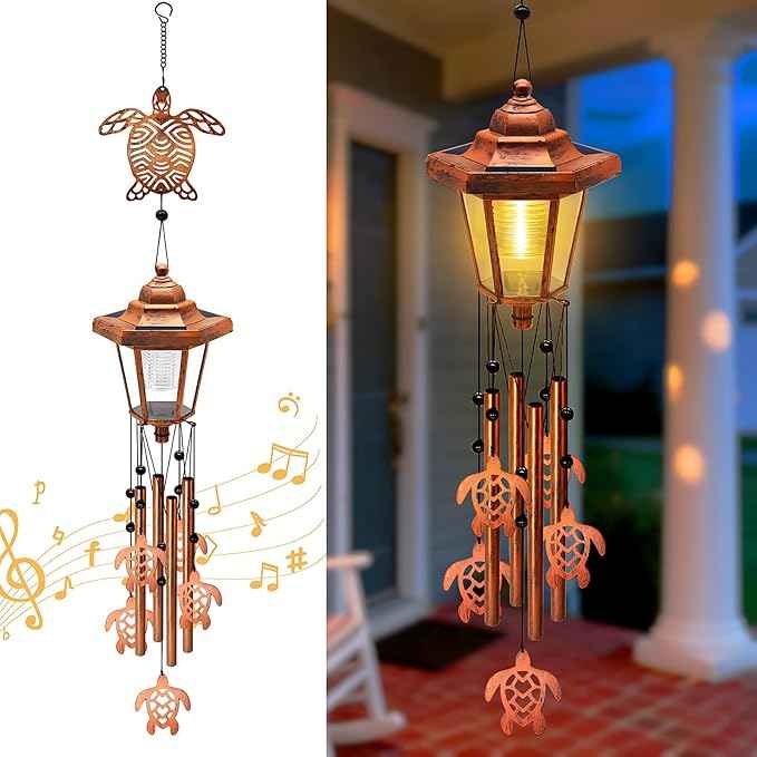 Large Solar Turtle Wind Chimes, Gifts for Women Mom Grandma Wife Sister Daughter Neighbor, Classic Bronze Wind Chimes with Wind Catcher, Solar Decor Lights for Outdoor Garden Patio Yard Porch Window