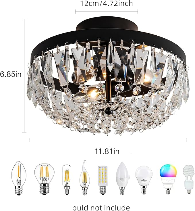 Veronie Crystal Black Ceiling Light, 3-Lights Modern Semi Flush Mount Ceiling Lighting Fixture, Round Hallway Lighting Fixtures for Kitchen Entryway Bedroom Laundry Room