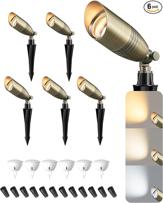 EDISHINE Solid Brass Landscape Spotlights Outdoor, 3CCT MR16 Bulb Included,Bronze Heavy Duty landscape lighting, 12V Low Voltage LED Landscape Lights, Outdoor Lighting for House Yard Lawn Tree, 6 Pack - Aura Lighting