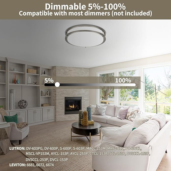 13Inch 36W Ceiling Light Fixture, 5CCT Flush Mount Ceiling Mount Light 2700K 3000K 4000K 5000K 6500K Adjustable, Dimmable Close to Ceiling Light, LED Ceiling Light for Bathroom Kitchen Bedroom, Nickel - Aura Lighting