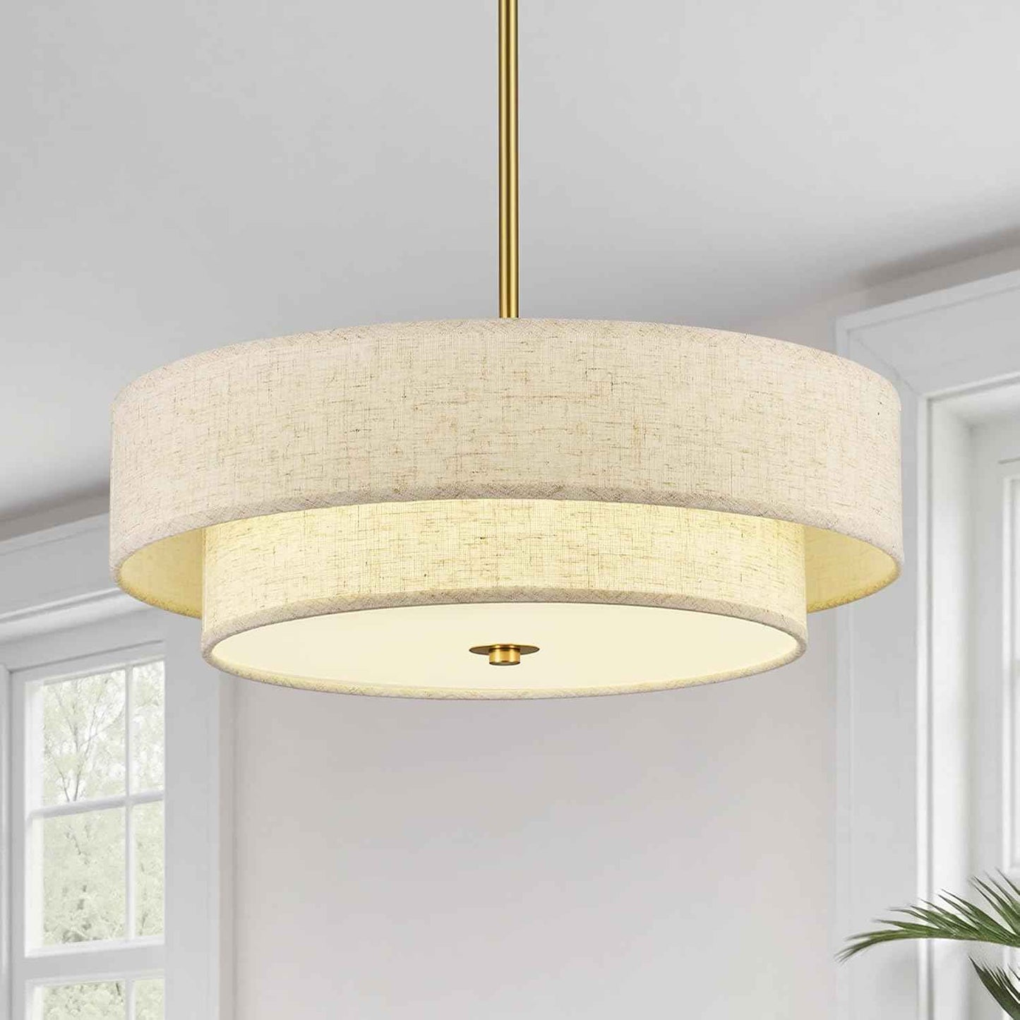 VONLUCE 18" Modern Drum Chandelier, 4-Light 2-Tier Linen Pendant Light | Brushed Gold Finish with Adjustable Height Hanging Light Fixture for Dining Room Bedroom Living Room