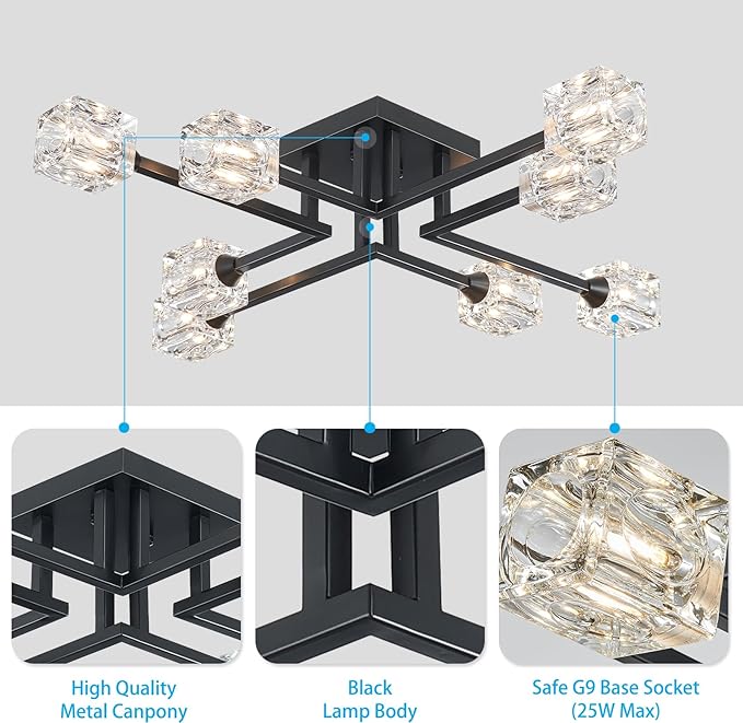 XINGQI Black Modern Sputnik Chandelier Semi Flush Mount Ceiling Light Glass 8-Lights Farmhouse Lighting Fixtures for Dining Room Living Room Kitchen Bedroom