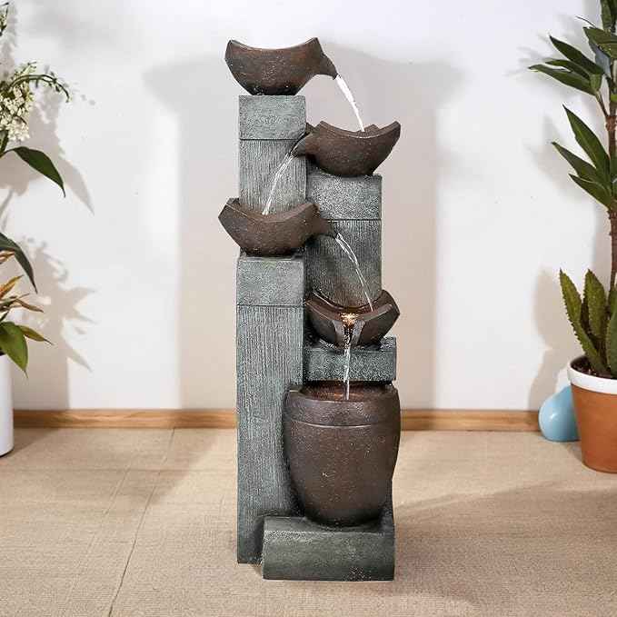 SunJet 5-Tier Modern Water Fountain, Outdoor/Indoor Resin Water Fountains with Soothing Water Sounds & Warm LED Light, Perfect for Garden, Patio, Home & Office, 13.7" L x 13.3" W x 39.7" H
