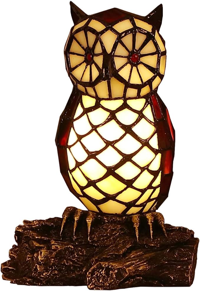 Bieye L10612 Owl on Branch Tiffany Style Stained Glass Accent Table Lamp Night Light, 10-inches Tall