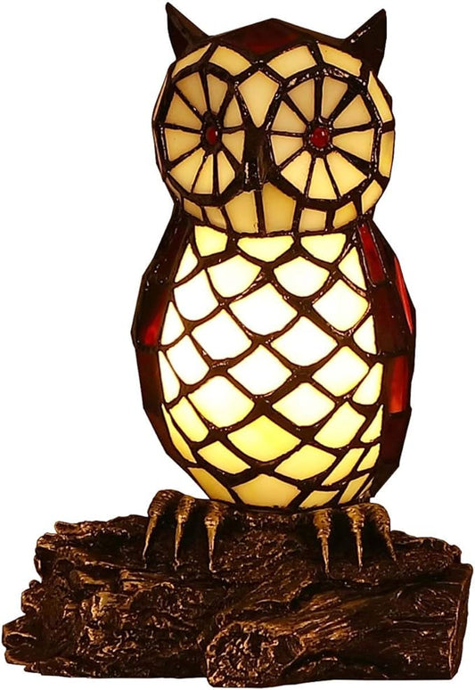 Bieye L10612 Owl on Branch Tiffany Style Stained Glass Accent Table Lamp Night Light, 10-inches Tall
