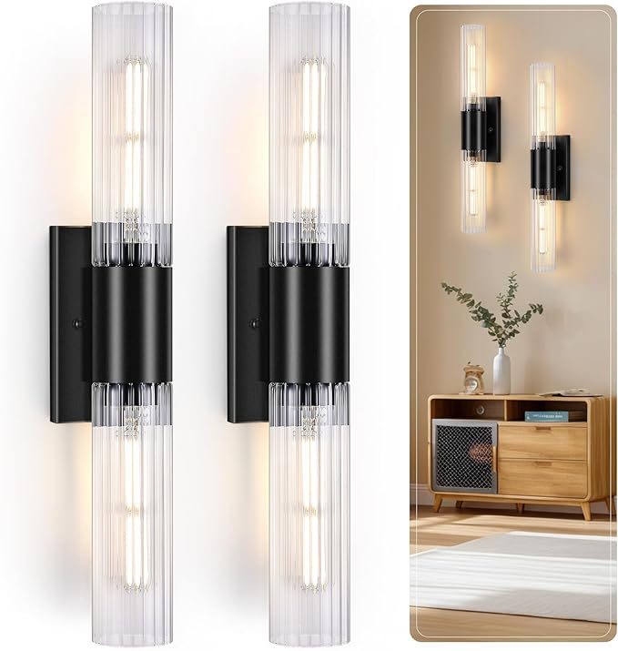 21" Bathroom Vanity Sconces Set of 2, Black Hardwired Wall Sconces Set of Two with Threaded Glass Shade, Modern Up Down Wall Decor Set of 2 for Bathroom Living Room Bedroom Hallway-Bulb Not Included ﻿ - Aura Lighting