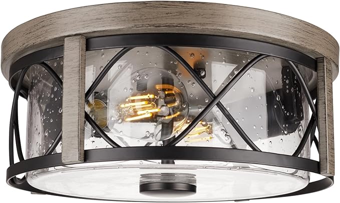 Rustic Close to Ceiling Light Fixtures, Farmhouse Wood Grain Flush Mount Ceiling Lighting, Metal Cage Lighting with Seeded Glass for Home Kitchen Dining Room Bedroom Hallway Entryway Foyer