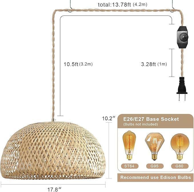 Bamboo Large Plug in Pendant Light with 14ft Handmade Woven Light Cord, Dimmable Switch, Rustic Basket Hanging Lamp for Bedroom Kitchen Island Farmhouse Dining Room Living Room,17.8 inch Width