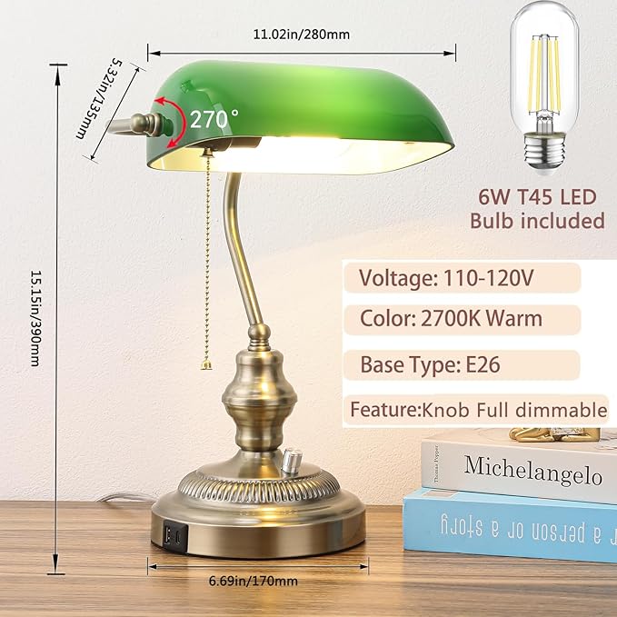 Rustic Banker's Desk Lamp Stepless Dimmable, Traditional Bankers Desk Lamp with USB Port and Outlet, Vintage Farmhouse Table Lamp for Home Office Library