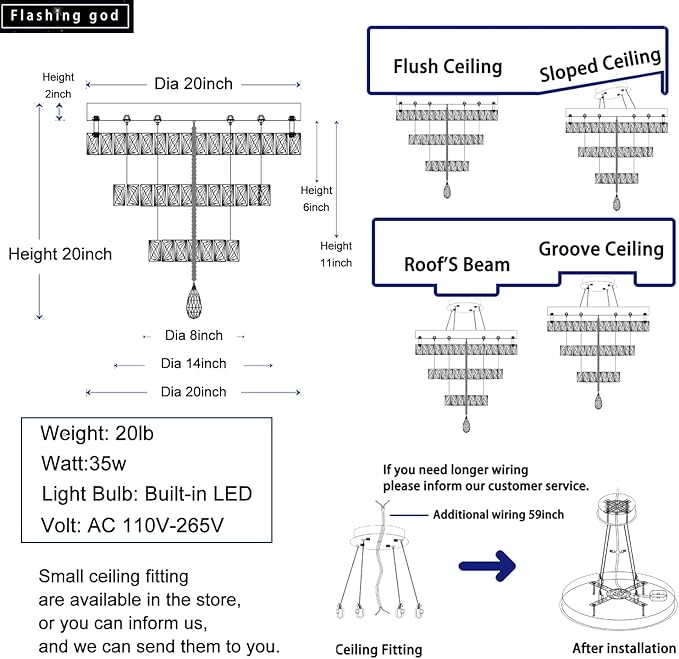 Flashing God Dia 20" Modern Crystal Chandelier for Dining Room Silver Ceiling Chandelier Flush Mount Ceiling Light for Living Room Bedroom Hallway LED Light Fixture Dimmable with Remote