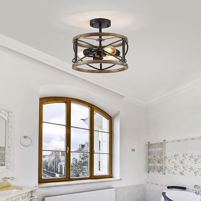 WUZUPS Chandelier 3-Light Imitation Wood Grain Vintage Farmhouse Industrial Semi-Flushmount Ceiling Light Lighting Fixture for Foyer Hallway Storage Room Kitchen Bathroom, H 9.4" W 12", Black