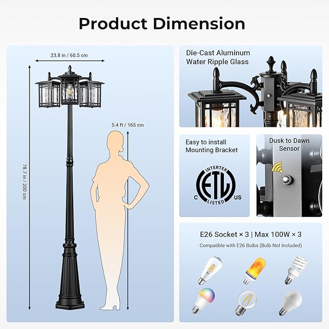 Outdoor Lamp Post Light Fixture, Black Dusk to Dawn Lamp Posts with Outlet, 3-Head Street Lamps Outdoor Lighting, Waterproof Outside Post Lights Hardwired, Anti-Rust Outside Pole Light for Yard
