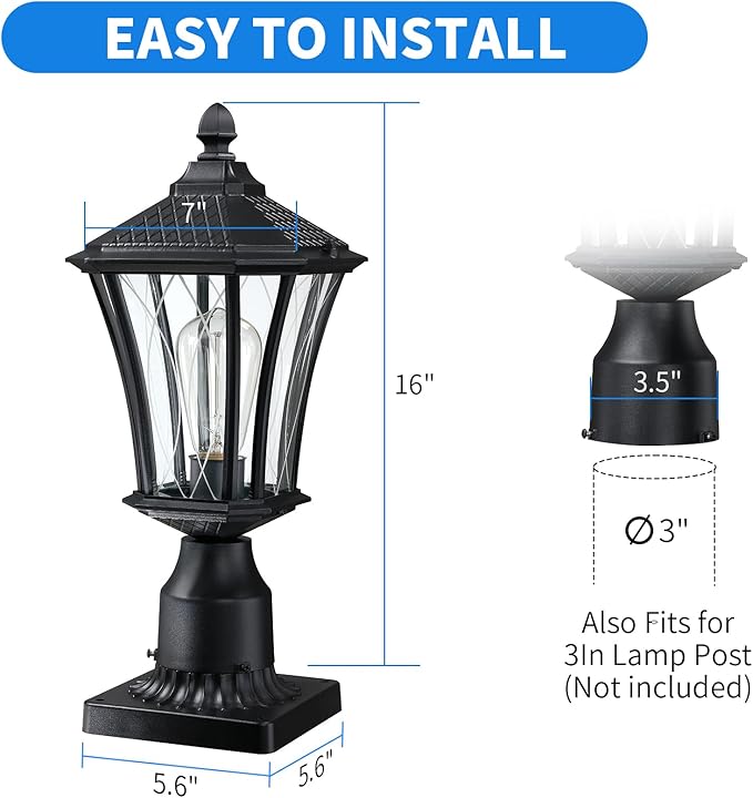 YSN Outdoor Post Lights 2 Pack, 16" Lamp Post Light Fixture, Black Pole Lights Outdoor, Waterproof Lamp Posts Outdoor Lighting with Pier Mount Base, Anti-rust Post Lamps for Outside Yard Garden Garage