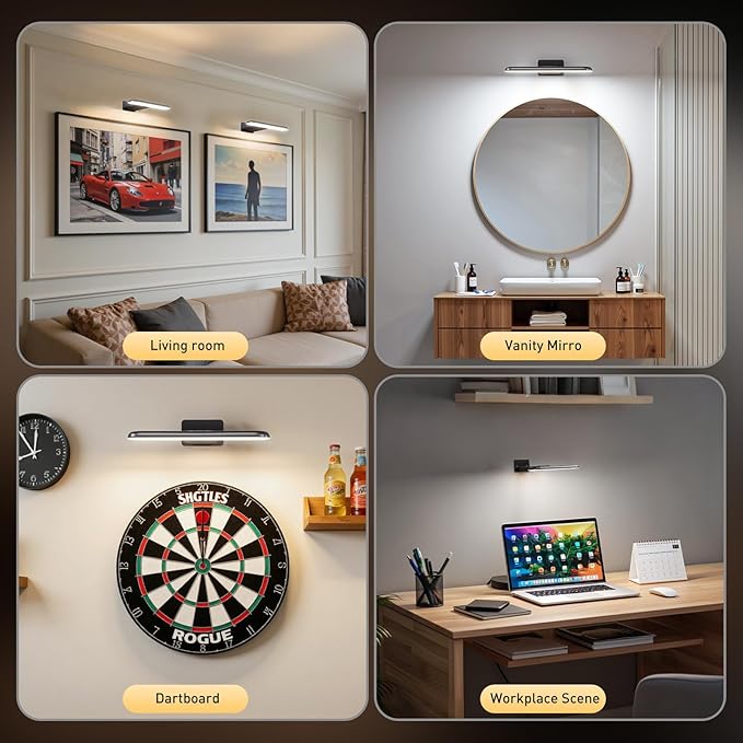 2 Pack Picture Lights for Wall, Rechargeable LED Picture Light Battery Operated with Remote, Dimmable Poster Light for Paintings, Portraits, Art Frames, Display Lighting for Wall Decor,Black