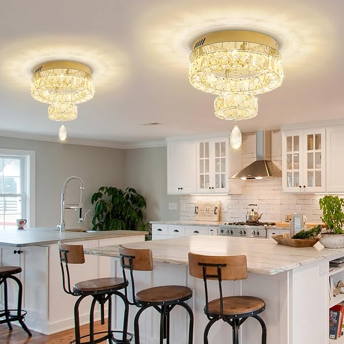 Flashing God Dia 12" Mini Chandelier Modern Crystal Chandeliers for Hallway Gold Flush Mount Ceiling Light Modern Chandeliers Lighting for Bedroom Staircase Kitchen
