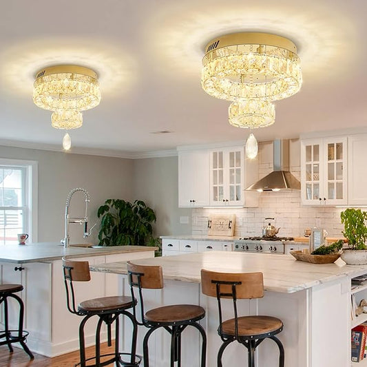 Flashing God Dia 12" Mini Chandelier Modern Crystal Chandeliers for Hallway Gold Flush Mount Ceiling Light Modern Chandeliers Lighting for Bedroom Staircase Kitchen
