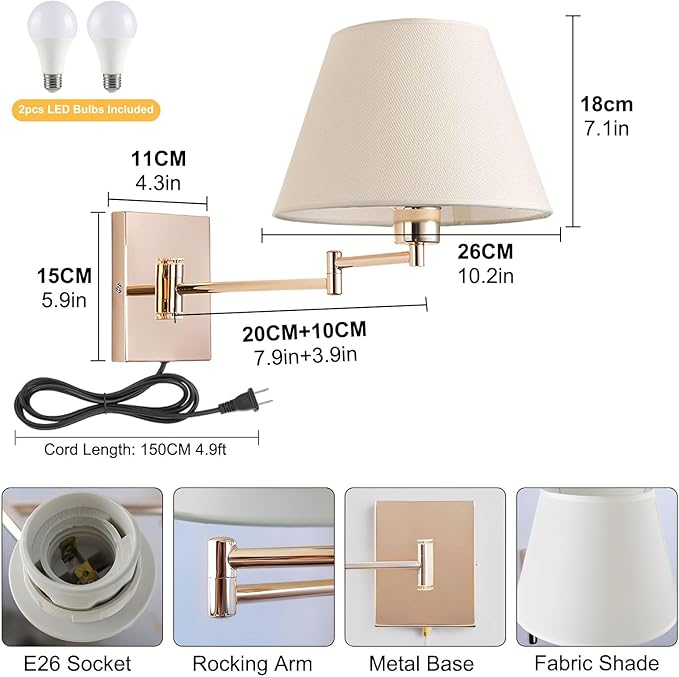 Rose Gold Wall Sconce Plug in, Swing Arm Wall Lamp with Beige Fabric Shade for Living Room Doorway Study Room Bedroom Bedside Reading Wall Light Fixtures with On/Off Switch