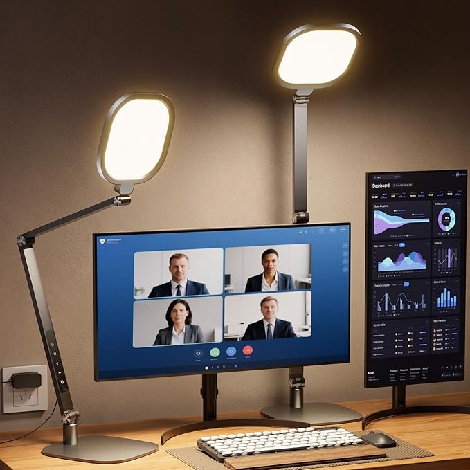 LED Desk Lamp for Home Office, 15W Desk Light with CRI >95, Memory & Timer Function, 1200LM Dimmable Computer Light for Video Calls, Conference, Reading, Study (Black-2packs) - Aura Lighting