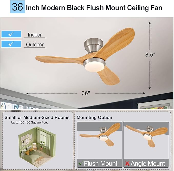 36 Inch Wood Flush Mount Ceiling Fans with Lights and Remote, Dimmable 3 Blades Bedroom Ceiling Fan Outdoor Ceiling Fans for Patios Low Profile Ceiling Fan with Light for Living Room