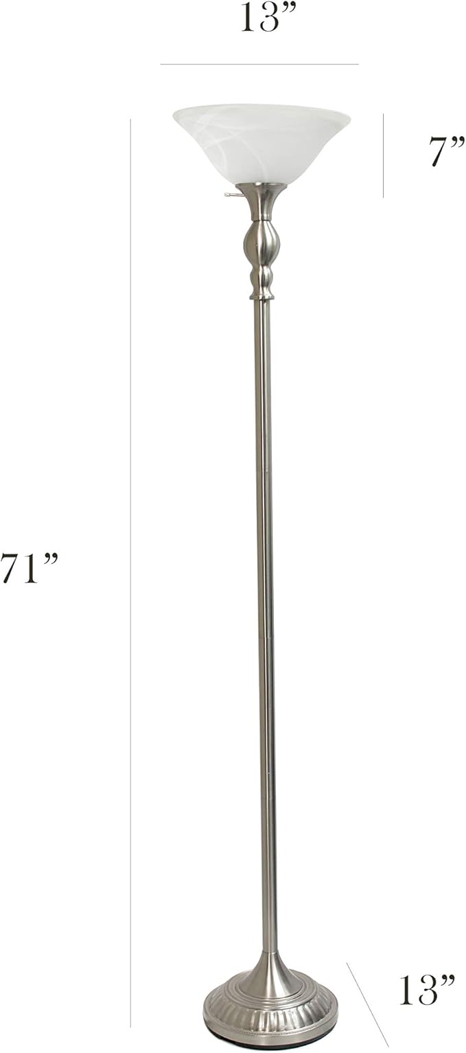 Elegant Designs LF2001-BSN 1 Light Torchiere Marbleized White Glass Shade Floor Lamp, Brushed Nickel