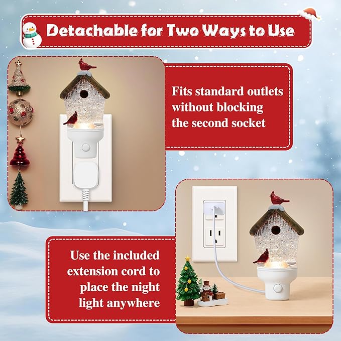 2 Pack Christmas Birdhouse Night Light Plug into Wall Glitter Water Nightlight with USB/Outlet Options, Christmas Decorative Nightlight for Bedroom Kitchen Holiday Decorations Gifts (Birdhouse)