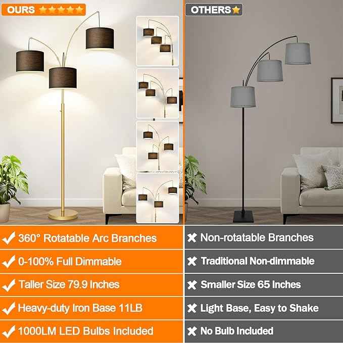 Nintiue Dimmable Floor Lamp - 3 Lights Gold Floor Lamps for Living Room with Black Shades & Heavy Base, Mid Century Tree Floor Lamp for Bedroom Office, 3 LED Bulbs Included