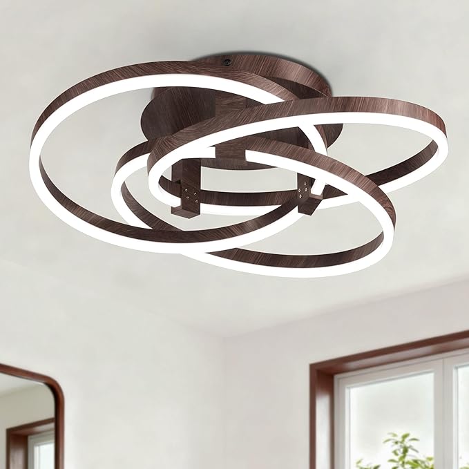 Maxax 23.5" Led Ceiling Light Fixture, Modern 3 Rings Flush Mount Chandelier, Close to Ceiling Lamp for Bedroom Living Room Dining Room Kitchen, ETL Listed, Walnut Color