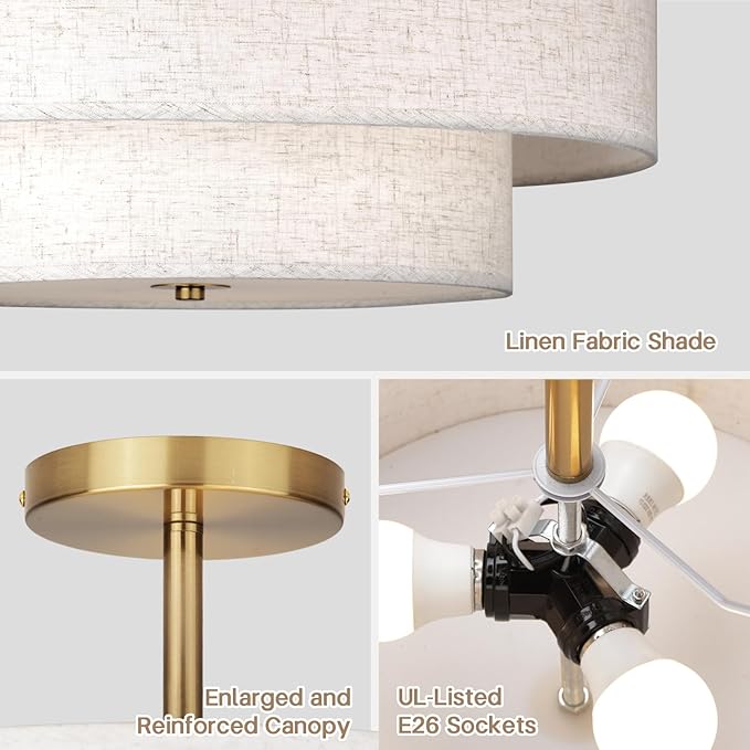 18 Inch Large Semi Flush Mount Ceiling Light Fixture with Dual Drum Design, Gold Farmhouse Fabric Linen Shade for Bedroom, Living Room, Kitchen, and Dining - Modern Chandelier Lamp - Aura Lighting