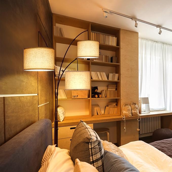 OUTON Tall Arc Floor Lamp - Adjustable, Modern, 3-Light Arched Lamp for Bedroom, Office, and Living Room, 2400lm Mid Century Design with 3 Energy-Efficient LED Bulbs Included, Beige Lampshade