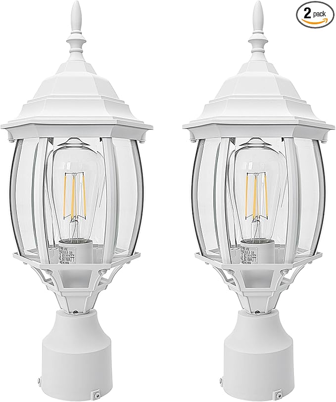 2 Pack White Outdoor Lamp Post for Patio Pathway, 17inch White Outdoor Post Light Fixture for House Pier Mount Outside Lighting Exterior Pole Lamp 17” Coach Light