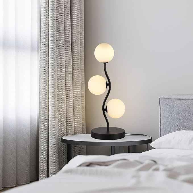 3-Light Curve Black Globe Table Lamp Mid Century Flower Beside Desk Table Light with Milk White Glass Shade Metal Base Nightstand Lamp for Bedroom Bedside