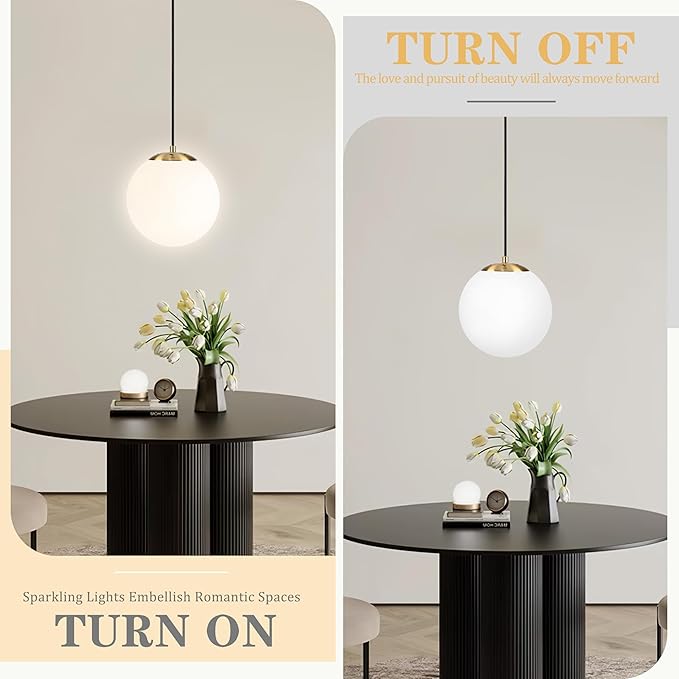 KoKo&Yukina 8" Globe Pendant Light Gold Plug in Pendant Light Adjustable Hanging Lights with Plug in Cord Brushed Gold Finished with Milk Glass Lampshade for Bedroom Kitchen Island（Bulb Included）