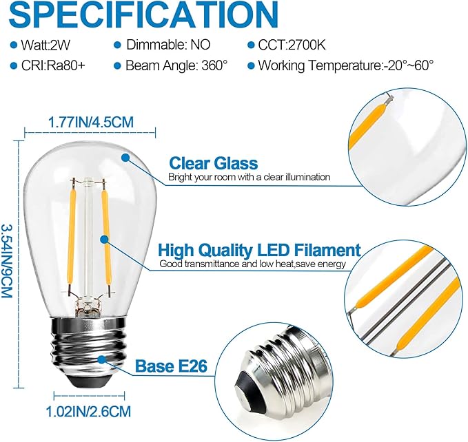 25Pack 2W S14 LED Glass Bulbs for Outdoor String Lights Replacement, E26 Medium Screw Base, 2700K Warm White LED Edison Light Bulb, 2 Watt to Replace 11w/20w/25w s14 Incandescent Bulbs