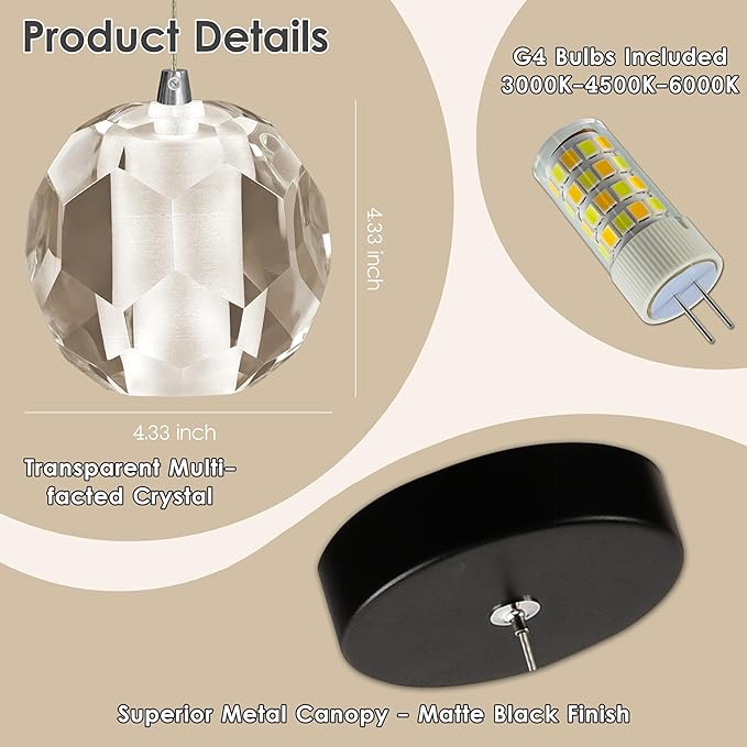 1-Light Black Pendant Light Fixture, Multi-facted Small Crystal Pendant Kitchen Island Light, Adjustable Hanging Pendant Lighting for Dining Room Bathroom Vanity