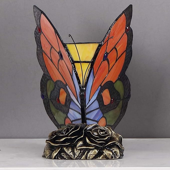 Bieye L10038 Butterfly Tiffany Style Stained Glass Accent Table Lamp Night Light, 9 inches Tall