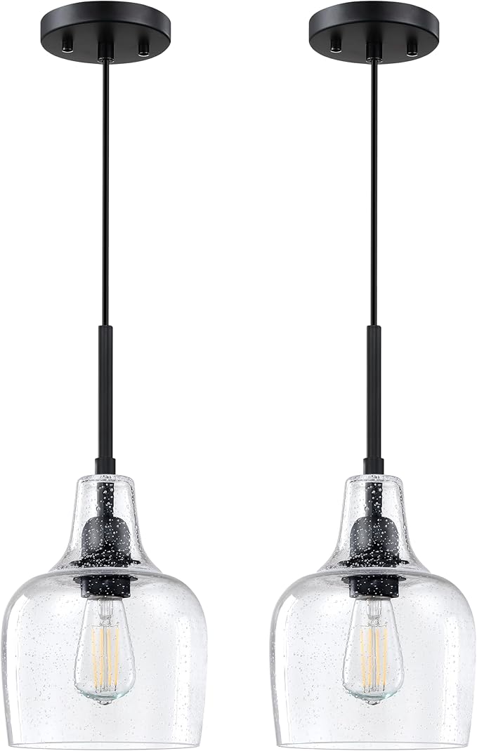 2 Pack 1 Light Indoor Hanging Kitchen Island Pendant Ceiling Light 6.1" Clear Seeded Glass Fixture,Black Finish for Farmhouse Over Sink Bedroom Hallway