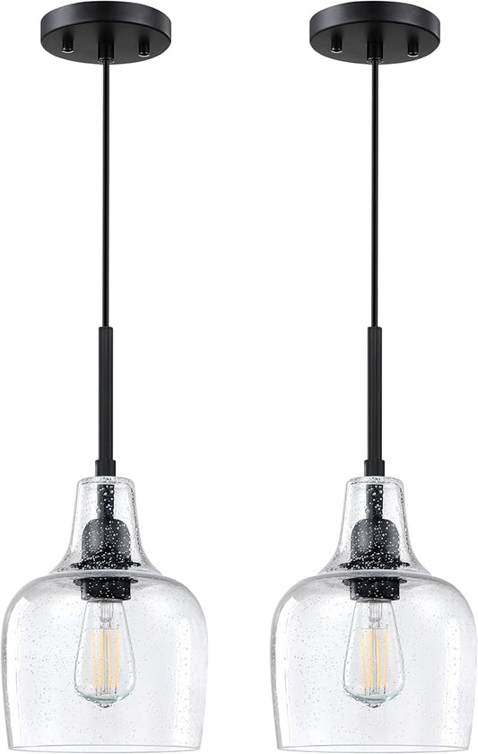 2 Pack 1 Light Indoor Hanging Kitchen Island Pendant Ceiling Light 6.1" Clear Seeded Glass Fixture,Black Finish for Farmhouse Over Sink Bedroom Hallway