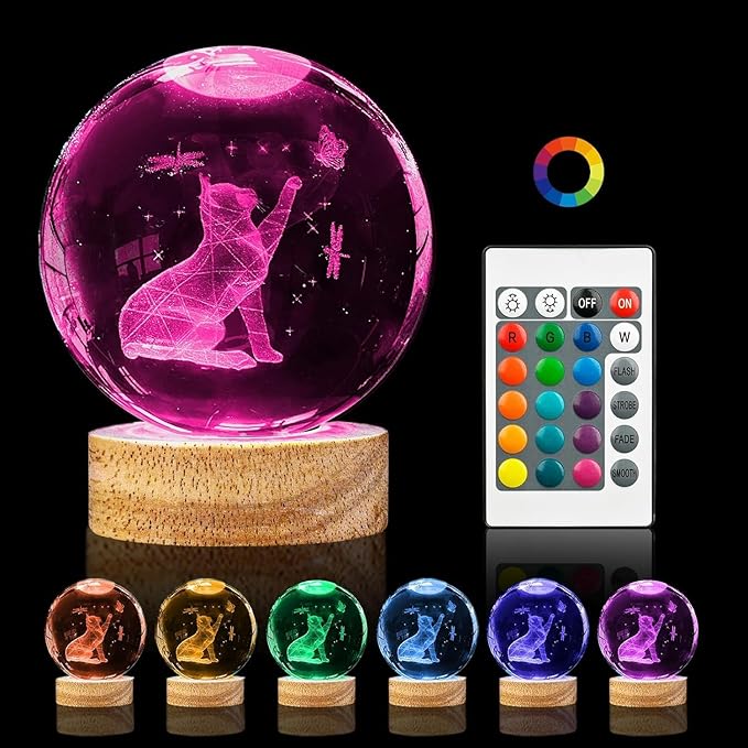 Cat Gifts for Cat Lovers for Women, Large 3D Night Light, Crystal Lamp 16 Color Changing with Remote Control for Bedroom Decor, Play with Butterfly