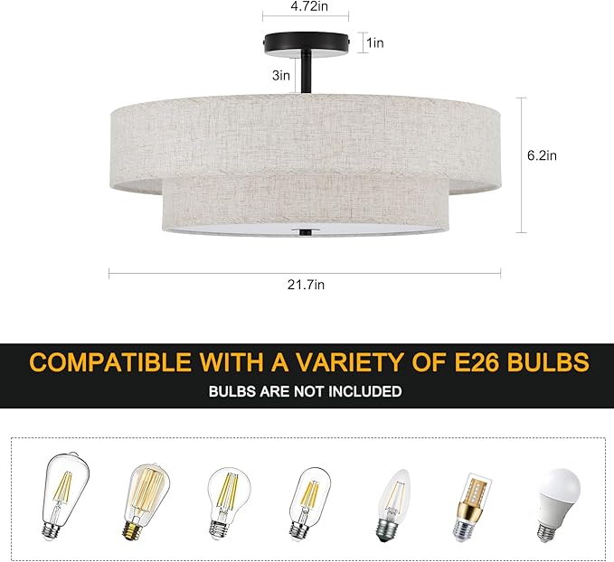 Modern Semi Flush Mount Ceiling Light 21.7" Modern Black 4-Lights Drum Ceiling Lighting Fixture Vintage Linen Golden Ceiling Lamp for Laundry Room, Kitchen, Living Room, Dining Room, Bedroom