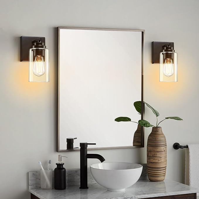 Pia Ricco Wall Sconces Set of Two, Bedside Wall Lamps with Rotary Switch for Bedroom, Modern Bathroom Light Fixtures with Clear Glass Shade, Black Sconces Wall Lights for Living Room, Hallway, Kitchen - Aura Lighting