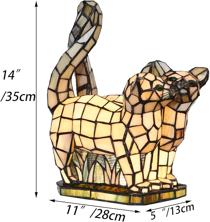 Bieye L10771 Cats in Love Tiffany Style Stained Glass Accent Table Lamp Night Light for Home Decoration (Two Cats, Yellow)
