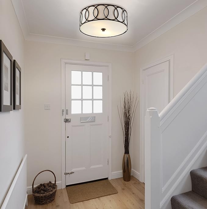 JONATHAN Y 12.25" Oil Rubbed Bronze Modern Metal LED Flush Mount Ceiling Light for Bedroom Hallway, White Linen Drum Shade with Geometric Fretwork, LED Bulbs Included (JYL3502C)