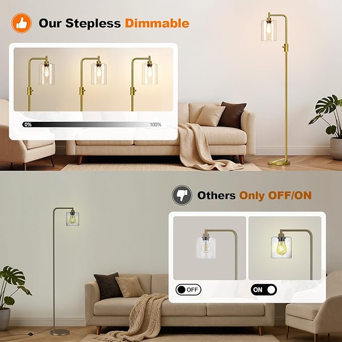 【Upgraded】Dimmable Floor Lamp for Living Room with Clear Glass Lampshade, Brass Modern Floor Lamp with 900LM Edison Bulb Included, Bright Standing Tall Lamp for Bedroom, Office, Reading Room, Corner