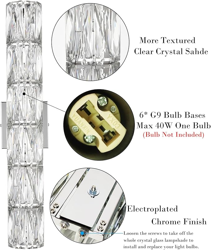 SAMTEEN Chrome Crystal Wall Sconce Contemporary 6-Light Crystal Sconces Wall Lighting Modern Nickel Wall Sconce Clear Glass Wall Light Fixture for Bathroom Living Room Bedroom Hallway - Aura Lighting